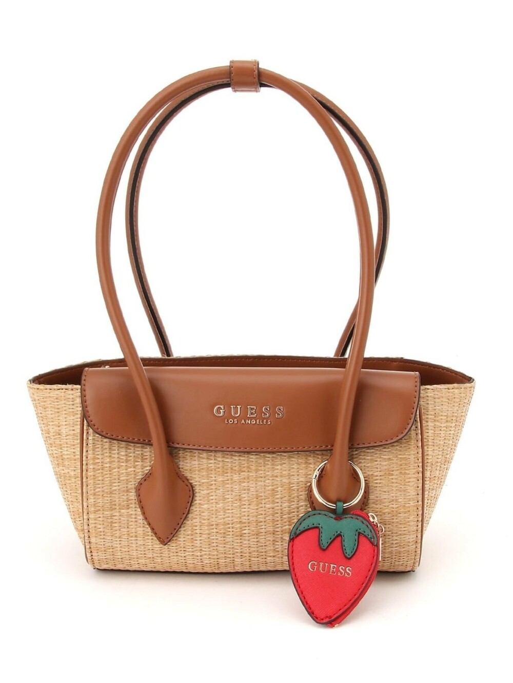 GUESS Tan Woven Straw Tote Bag with Brown Leather Trim